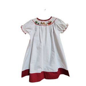 Vintage Girls Smocked Christmas Dress With Santa & Reindeer Embroidery White/Red